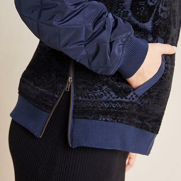 Anthropologie Women’s Clemence Floral Quilted Side Zip Blue Bomber Jacket XS - Picture 7 of 10